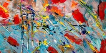 Vibrant abstract expressionist artwork with colorful acrylic strokes and dynamic composition.