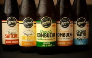 Close-up of five bottles featuring organic kombucha, switchel, and kefir with various flavors.