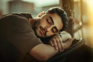 Young man sleeping with closed eyes, resting peacefully in warm sunlight, creating a tranquil scene.