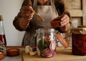 Hands preparing pickled vegetables in a jar, capturing a rustic and organic lifestyle.