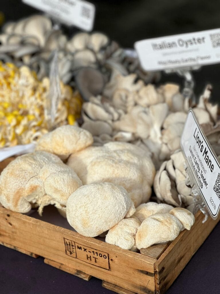 A variety of gourmet mushrooms, including Lion's Mane, displayed in a rustic wooden crate.