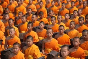 A large gathering of young monks in orange robes meditating peacefully in an outdoor ceremony.