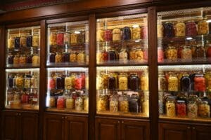 Vibrant shelves of preserved fruits and vegetables in glass jars on a wooden cabinet in Istanbul, Türkiye.