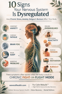 Signs of nervous system dysregulation infographic showing symptoms like anxiety, fatigue, brain fog, poor sleep, digestive problems, overwhelm, and burnout.