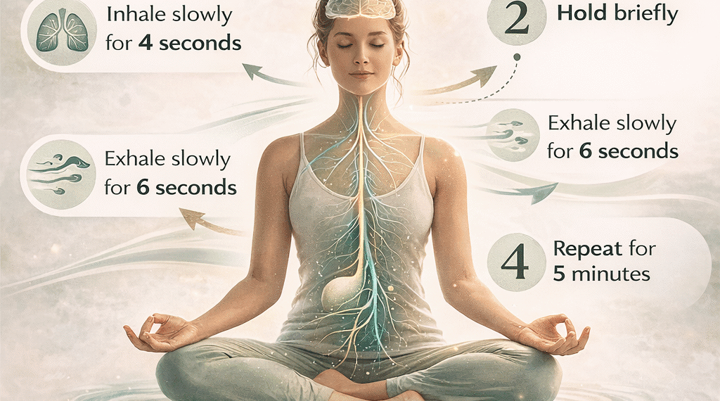 Vagus nerve breathing technique infographic showing a 4-second inhale, brief hold, and 6-second exhale to calm the nervous system and reduce stress.
