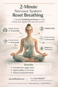 Vagus nerve breathing technique infographic showing a 4-second inhale, brief hold, and 6-second exhale to calm the nervous system and reduce stress.
