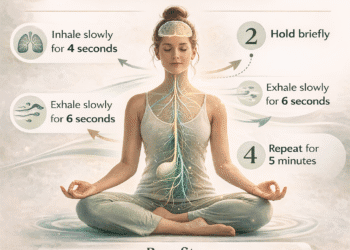 Vagus nerve breathing technique infographic showing a 4-second inhale, brief hold, and 6-second exhale to calm the nervous system and reduce stress.