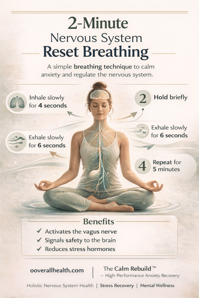 Vagus nerve breathing technique infographic showing a 4-second inhale, brief hold, and 6-second exhale to calm the nervous system and reduce stress.