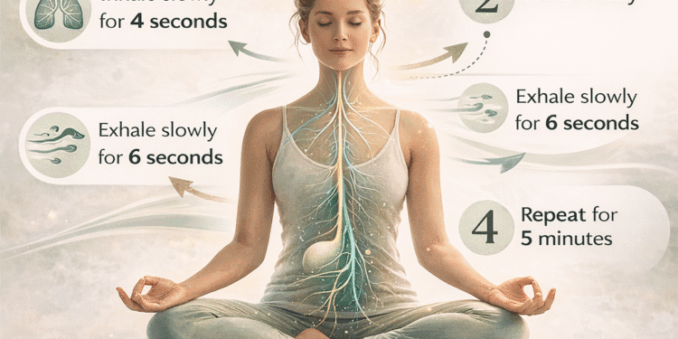 Vagus nerve breathing technique infographic showing a 4-second inhale, brief hold, and 6-second exhale to calm the nervous system and reduce stress.
