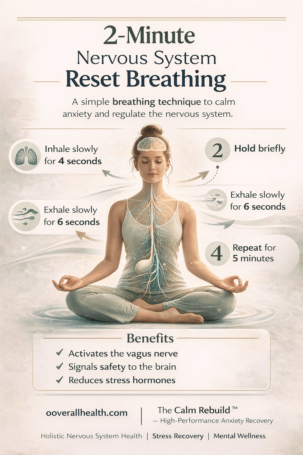 Vagus nerve breathing technique infographic showing a 4-second inhale, brief hold, and 6-second exhale to calm the nervous system and reduce stress.