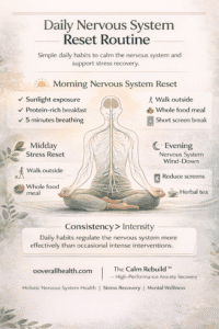 Daily nervous system regulation routine infographic showing morning, midday, and evening habits for stress recovery and anxiety reduction.