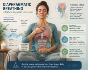Educational infographic showing diaphragmatic breathing technique, vagus nerve pathway, belly expansion, and relaxation response benefits.