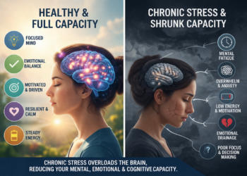 Split image comparing a healthy brain with a stress-affected brain, showing how chronic stress reduces mental and emotional capacity.