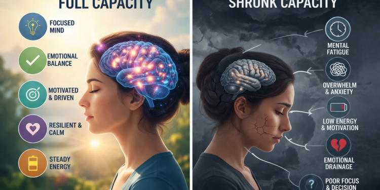 Split image comparing a healthy brain with a stress-affected brain, showing how chronic stress reduces mental and emotional capacity.