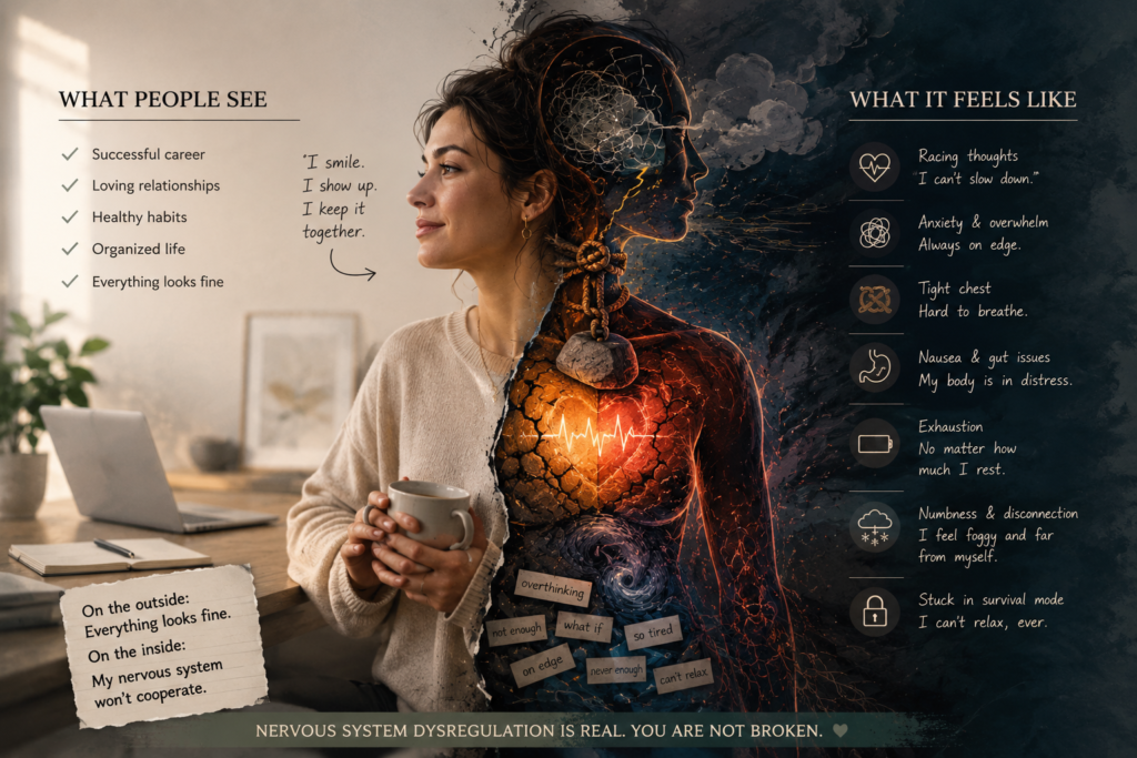 Woman smiling in a calm office setting while her body reveals chaotic internal imagery symbolizing nervous system dysregulation, anxiety, exhaustion, and hidden distress.