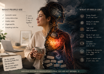 Woman smiling in a calm office setting while her body reveals chaotic internal imagery symbolizing nervous system dysregulation, anxiety, exhaustion, and hidden distress.