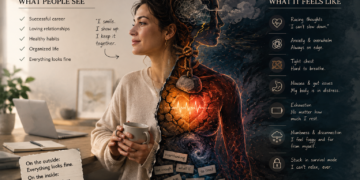 Woman smiling in a calm office setting while her body reveals chaotic internal imagery symbolizing nervous system dysregulation, anxiety, exhaustion, and hidden distress.