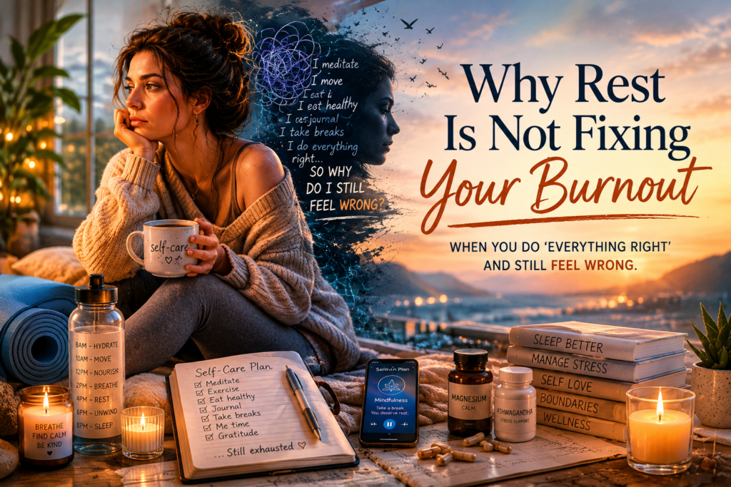 Woman surrounded by self-care tools sits exhausted and distant, illustrating burnout that persists despite rest and wellness efforts.