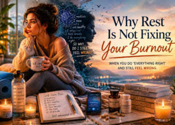 Woman surrounded by self-care tools sits exhausted and distant, illustrating burnout that persists despite rest and wellness efforts.