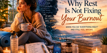 Woman surrounded by self-care tools sits exhausted and distant, illustrating burnout that persists despite rest and wellness efforts.