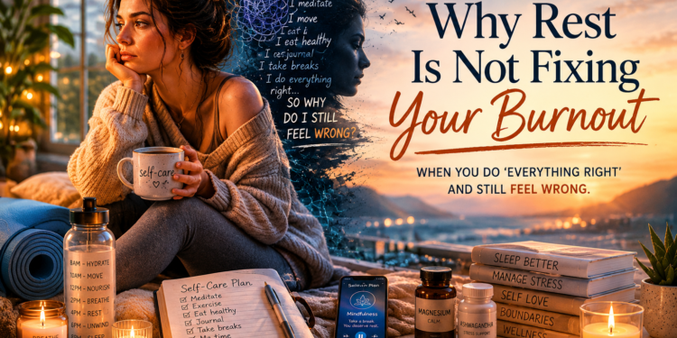 Woman surrounded by self-care tools sits exhausted and distant, illustrating burnout that persists despite rest and wellness efforts.
