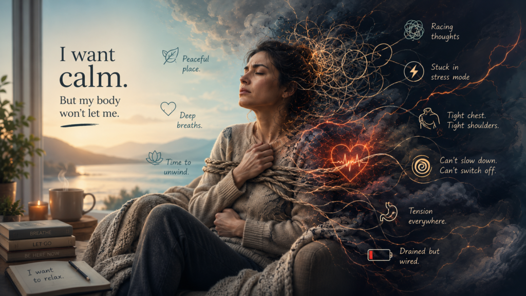 Woman sitting in a peaceful lakeside setting appears tense and unable to relax, surrounded by visual symbols of nervous system dysregulation and chronic stress.