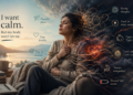 Woman sitting in a peaceful lakeside setting appears tense and unable to relax, surrounded by visual symbols of nervous system dysregulation and chronic stress.