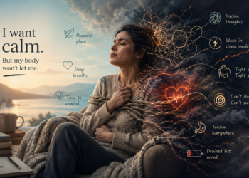 Woman sitting in a peaceful lakeside setting appears tense and unable to relax, surrounded by visual symbols of nervous system dysregulation and chronic stress.