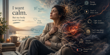 Woman sitting in a peaceful lakeside setting appears tense and unable to relax, surrounded by visual symbols of nervous system dysregulation and chronic stress.
