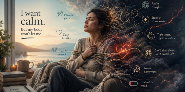 Woman sitting in a peaceful lakeside setting appears tense and unable to relax, surrounded by visual symbols of nervous system dysregulation and chronic stress.