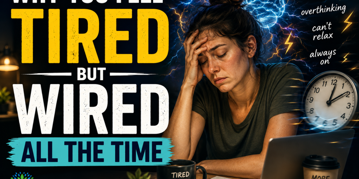 Exhausted woman sitting at a desk with a glowing, overactive brain and racing thoughts, illustrating the feeling of being tired but wired.