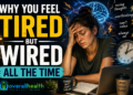 Exhausted woman sitting at a desk with a glowing, overactive brain and racing thoughts, illustrating the feeling of being tired but wired.