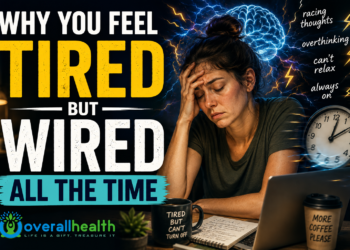 Exhausted woman sitting at a desk with a glowing, overactive brain and racing thoughts, illustrating the feeling of being tired but wired.