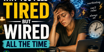 Exhausted woman sitting at a desk with a glowing, overactive brain and racing thoughts, illustrating the feeling of being tired but wired.