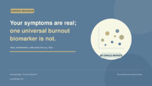 Your symptoms are real. No universal biomarker for burnout.